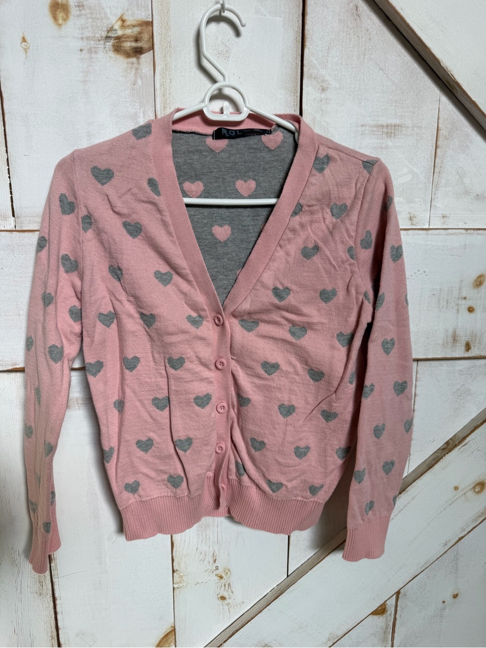 POL Pink Cardigan with Gray Heart Print